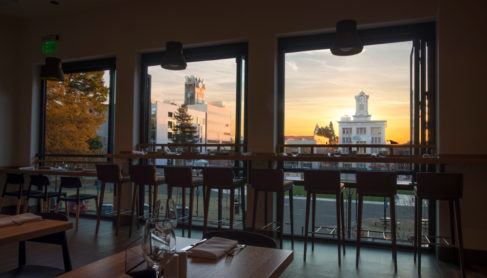 Dining room view over courthouse square at sunset.