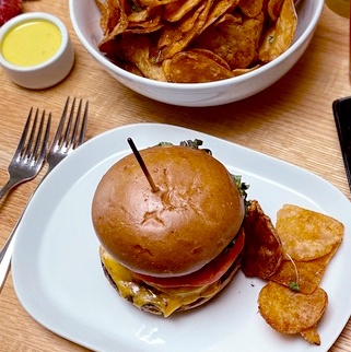 burger and kettle chips